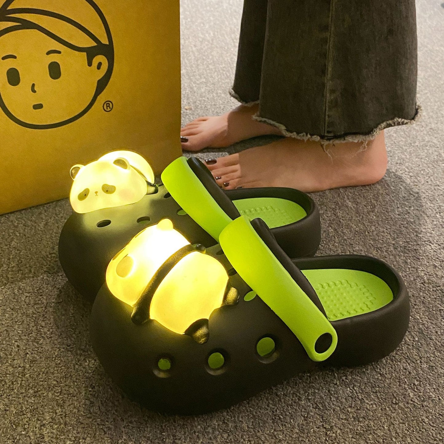 Dream Motto Green&Black / UK3.5-4🔥/US6-6.5/🔥UE36-37 Outdoor/Beach Holiday Clogs with Cute Lighting Panda
