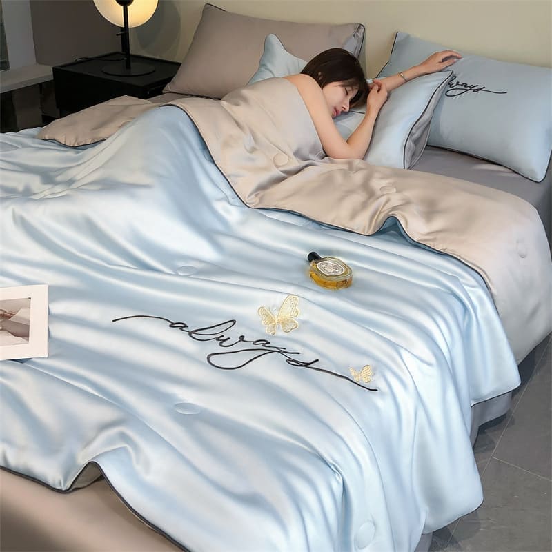 Dream Motto Houseware & Kitchen Ice Silk quilt / LightBlue&Brown / 150*200CM (60*80inch) 🔥🔥Washable Summer Simple Ice Silk Quilt