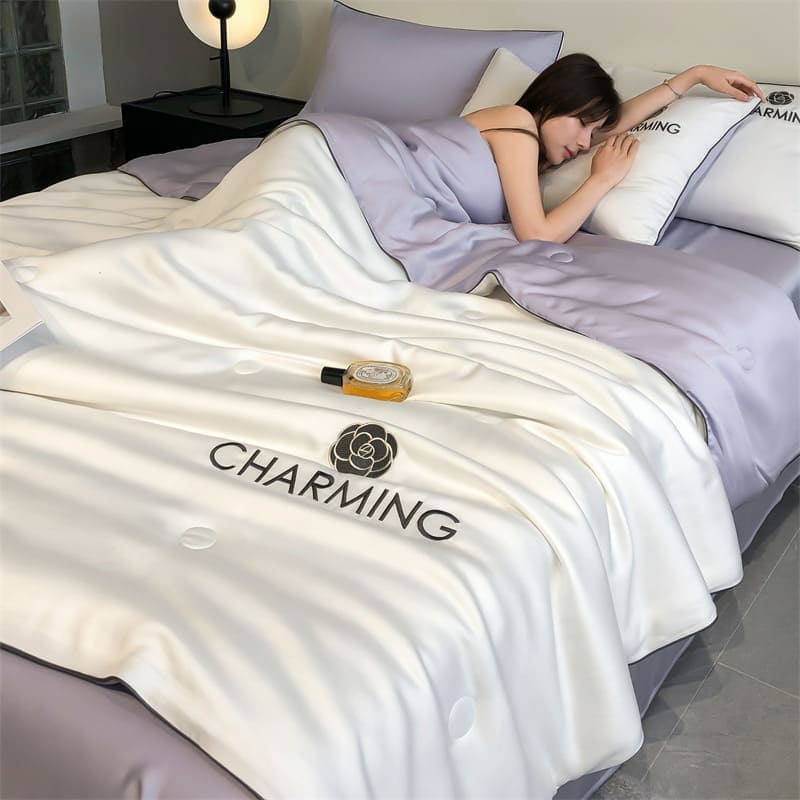 Dream Motto Houseware & Kitchen Ice Silk quilt / White&LightPurple / 150*200CM (60*80inch) 🔥🔥Washable Summer Simple Ice Silk Quilt