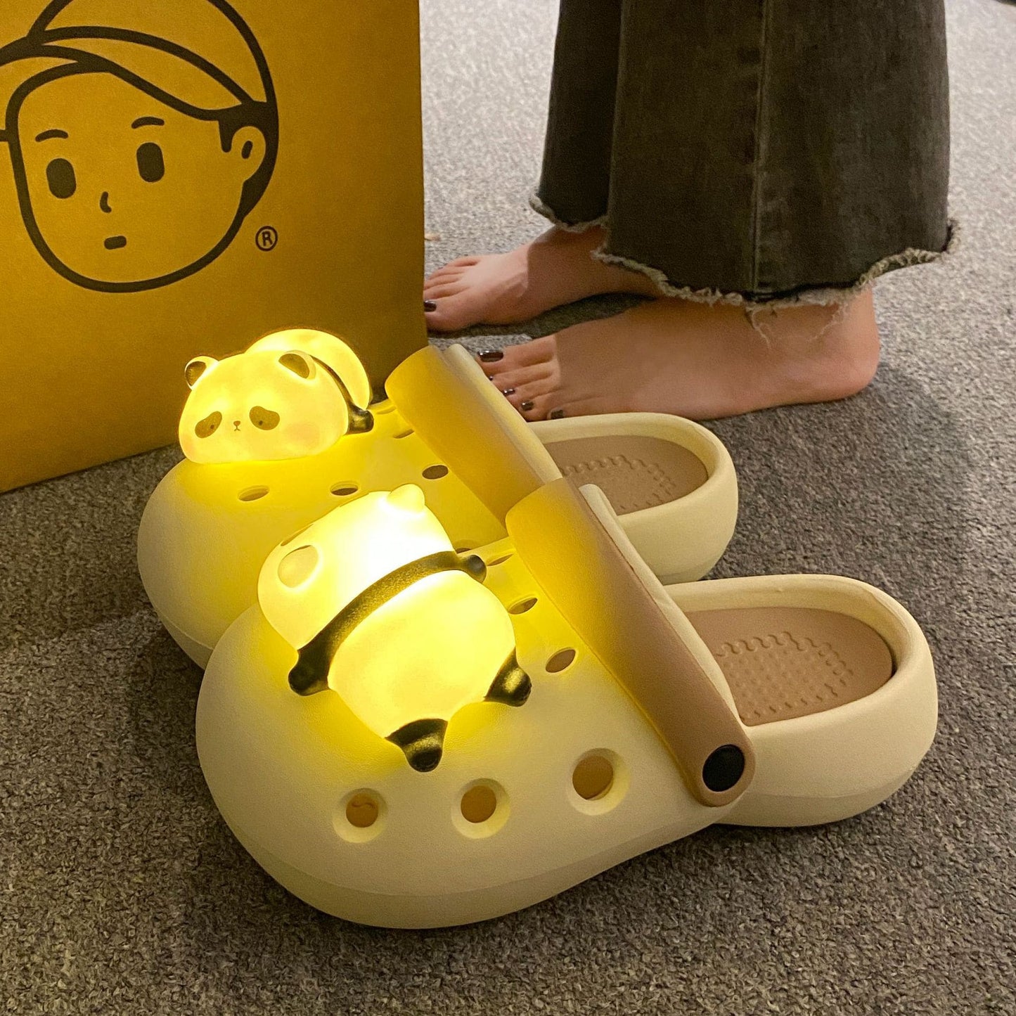Dream Motto Khaki&White / UK3.5-4🔥/US6-6.5/🔥UE36-37 Outdoor/Beach Holiday Clogs with Cute Lighting Panda