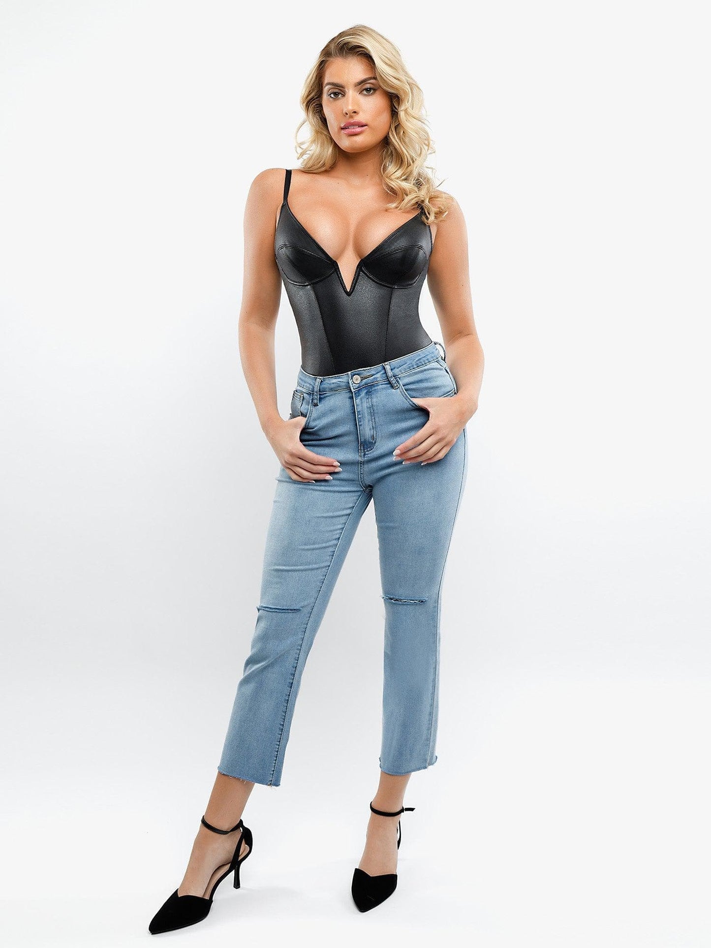 DreamMotto Faux Leather Collection Built-In Shapewear Leather Bodysuit