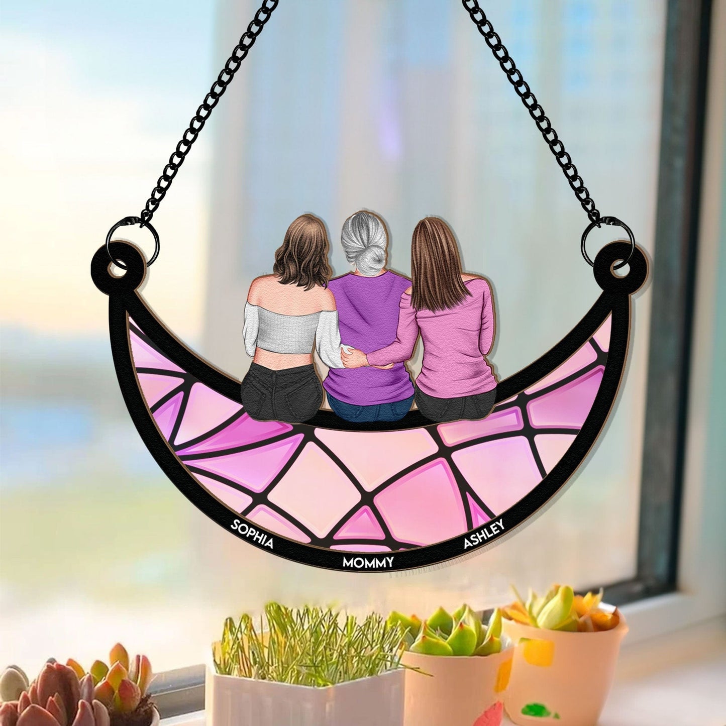 Macorner Window Hanging Suncatcher Ornament Mother & Daughter On The Moon - Personalized Window Hanging Suncatcher Ornament